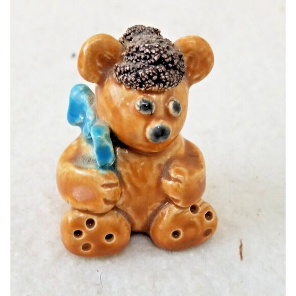 Hand made Painted Ceramic Brown Bear With‎ Blue Bow initialed JN brown fur - Picture 4 of 10